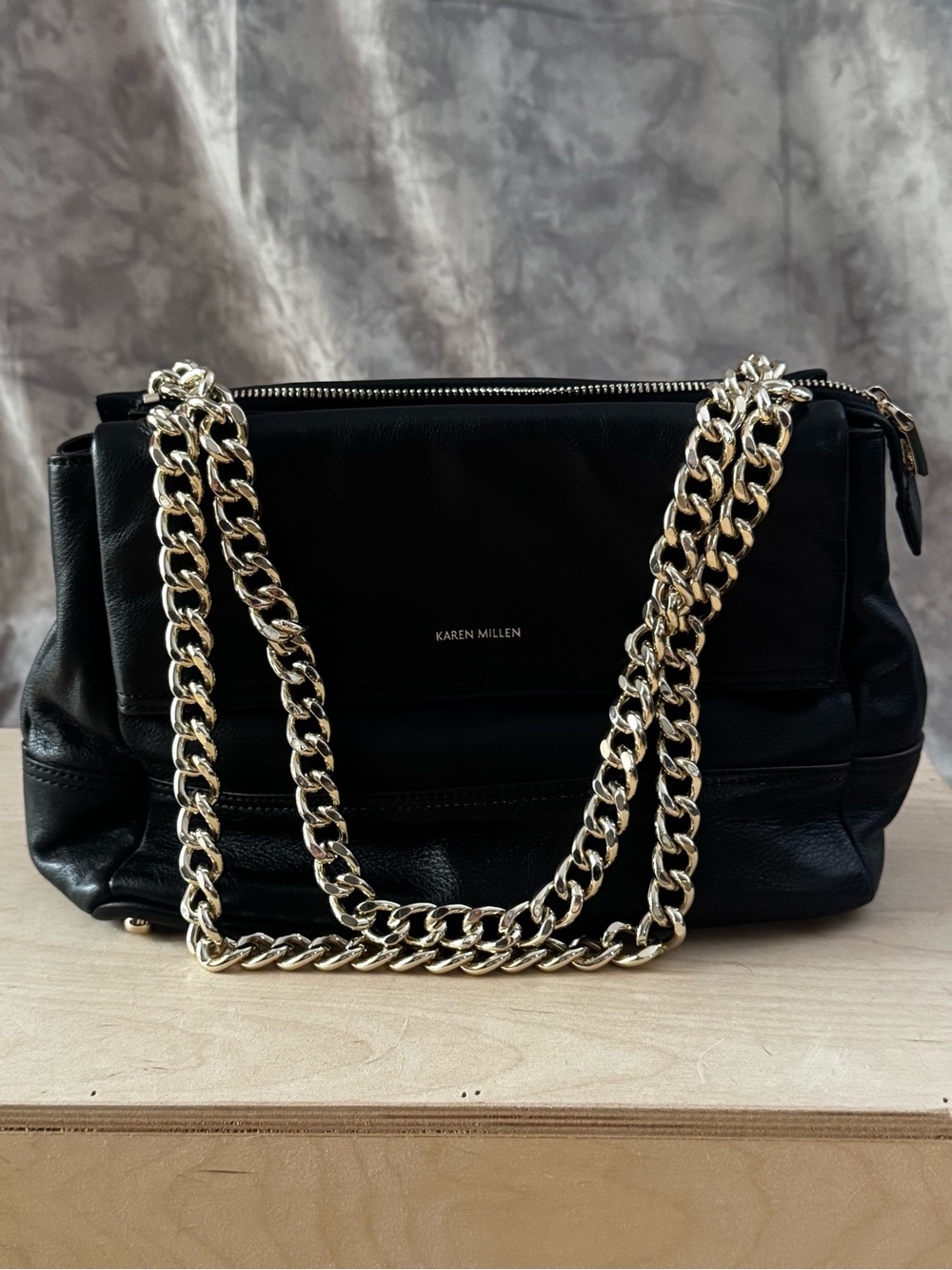 Karen Millen Black Leather Shoulder Bag with Gold Chain Straps and Dust Bag